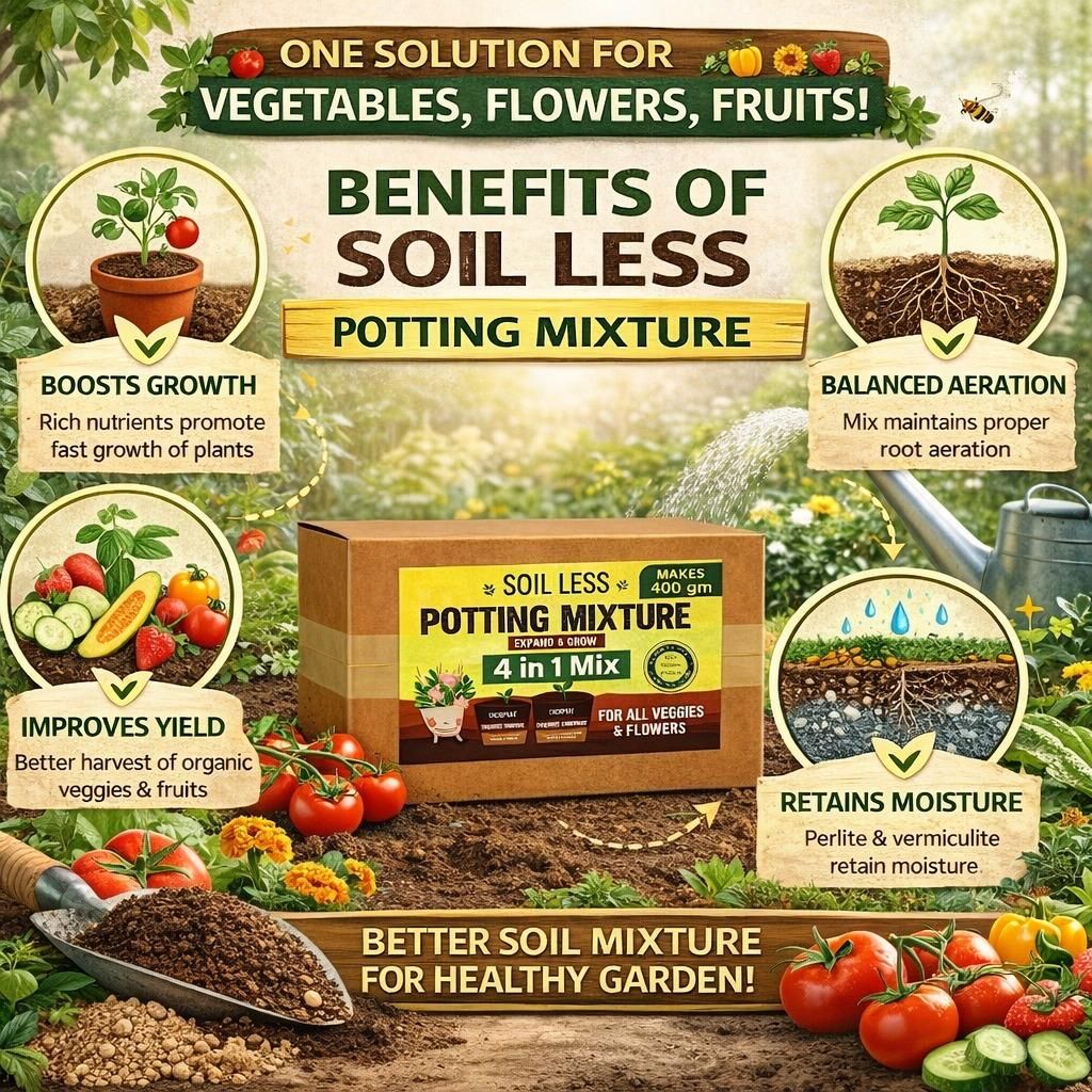 4-in-1 Soil Less Potting Mixture - Cocopeat, Vermiculite, Neem Khad, Organic Plant Food (100gm Each) (4 Packets)